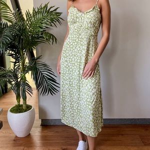 Green Floral Print A-Line Midi Dress